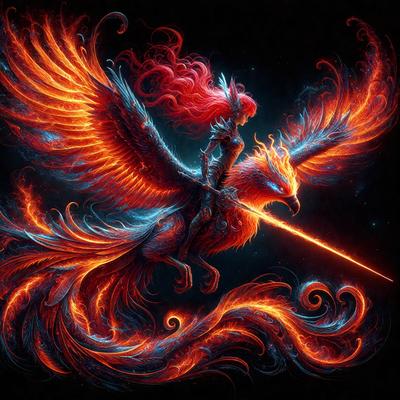 The primary subject of the image is a woman riding a dragon. The setting is a dark, possibly magical, environment. The visual style is digital art, with the woman and the dragon depicted in vibrant colors. The mood of the image is intense and dramatic, with the woman and the dragon as the main focus.